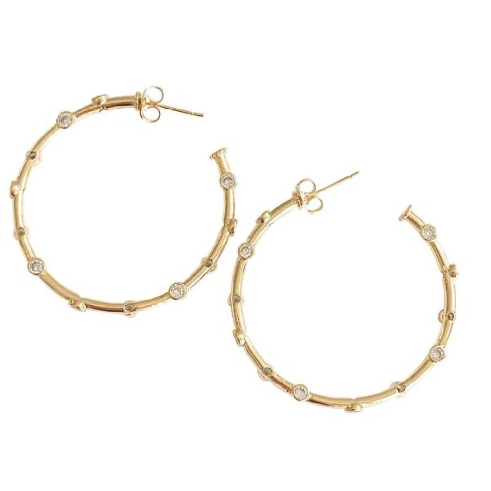 Elegant Gold Plated 2 Inch Hoop Earrings - CZ Multi Studded Hoops NEW
